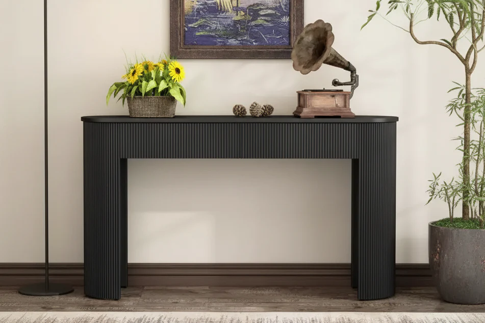 Modern Console Table with Fluted Design, Oval Top & 2 Drawers for Entryway and Living Room