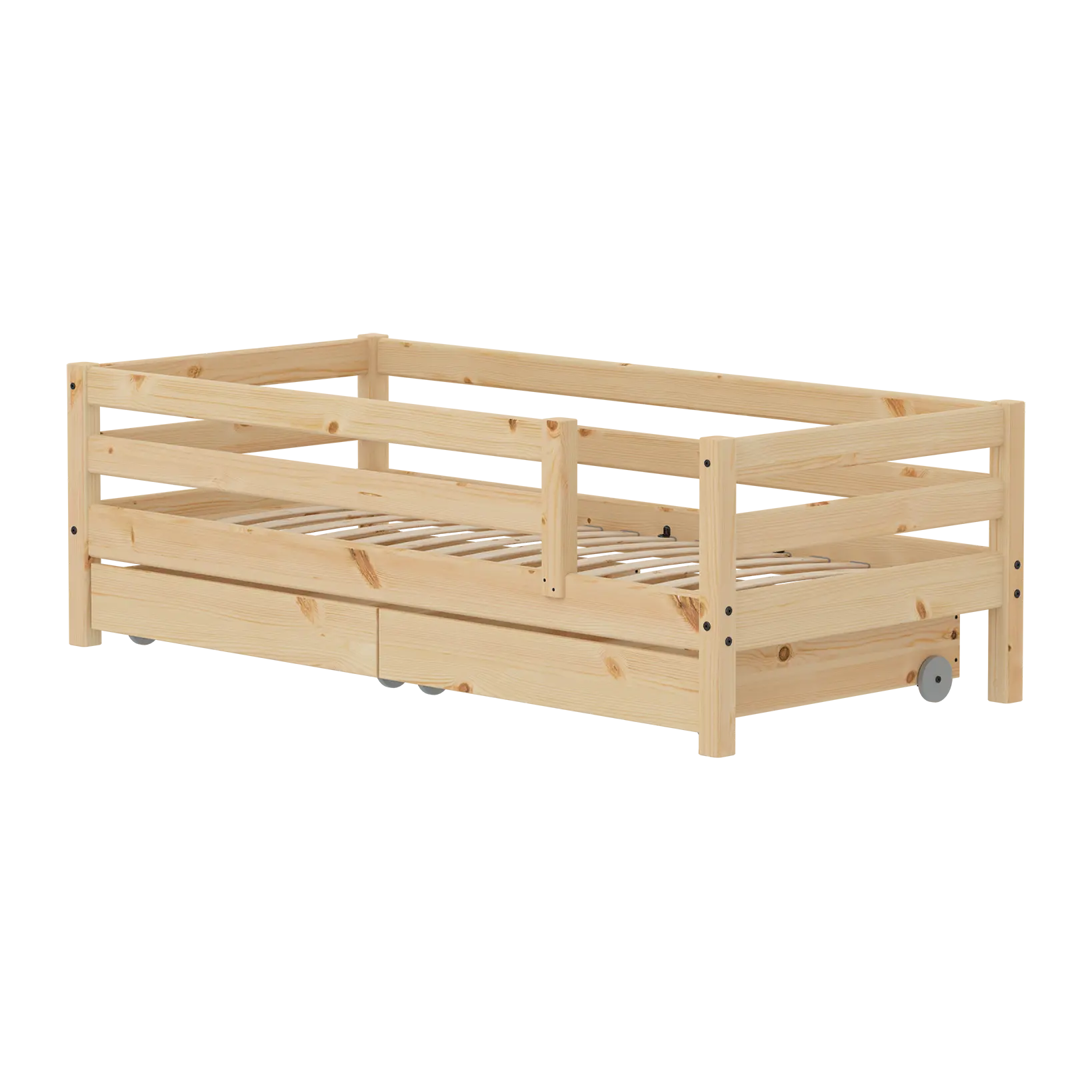 Single Bed with Safety Rail and Storage, 90x200 cm, Pine