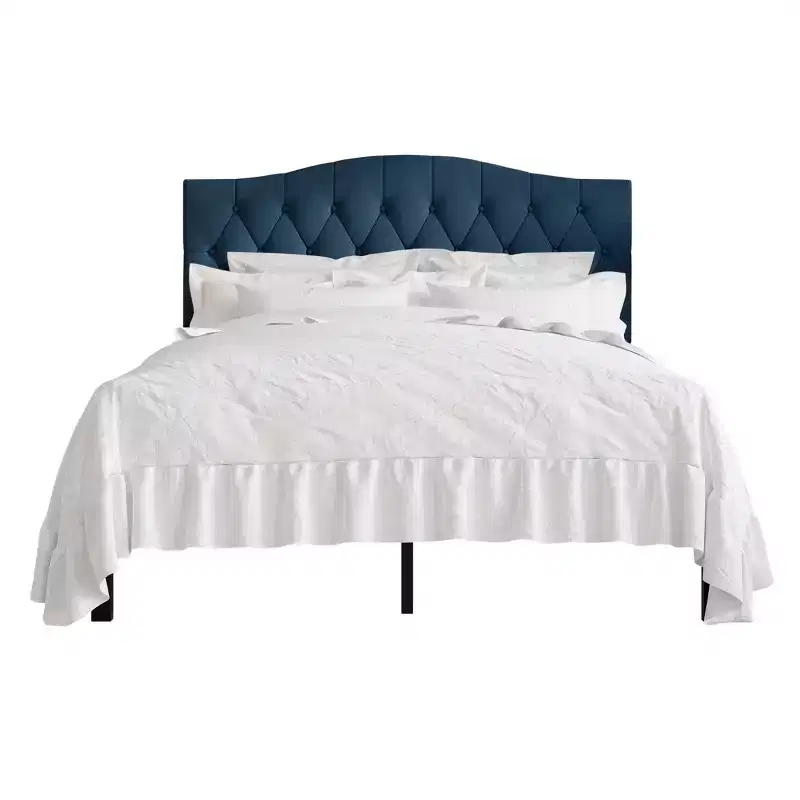 Linen Platform Bed with Button Tufted Camelback Headboard
