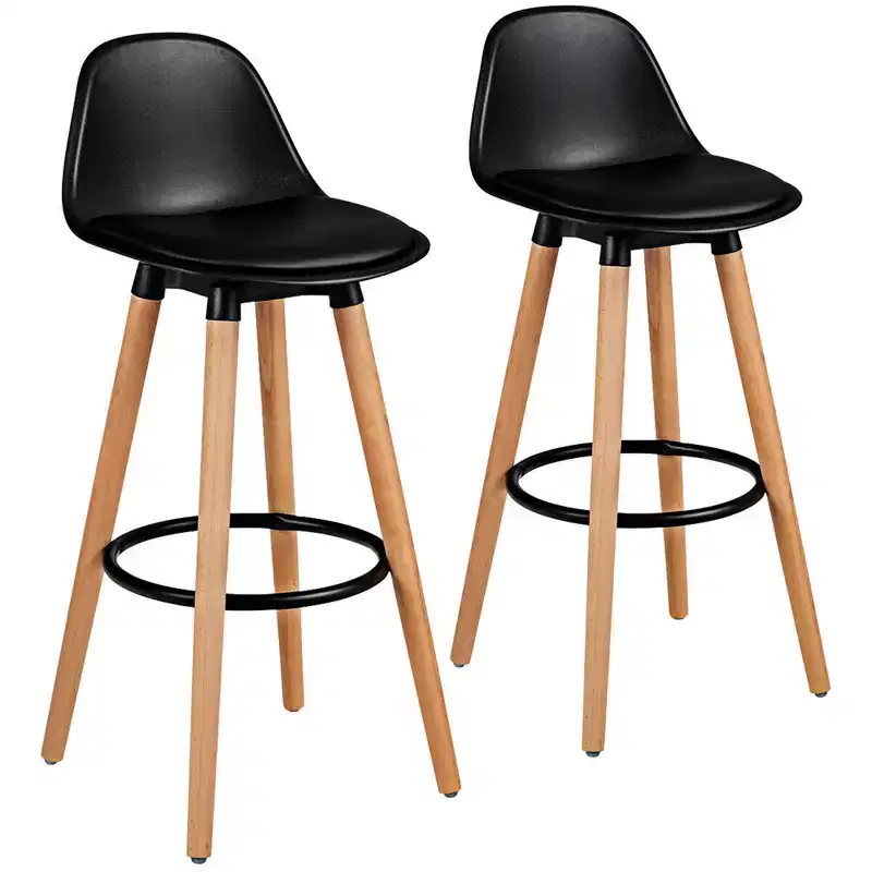 Costway Set of 2 Mid Century Barstool 28.5 Dining Pub Chair w/Leather Padded Seat Black