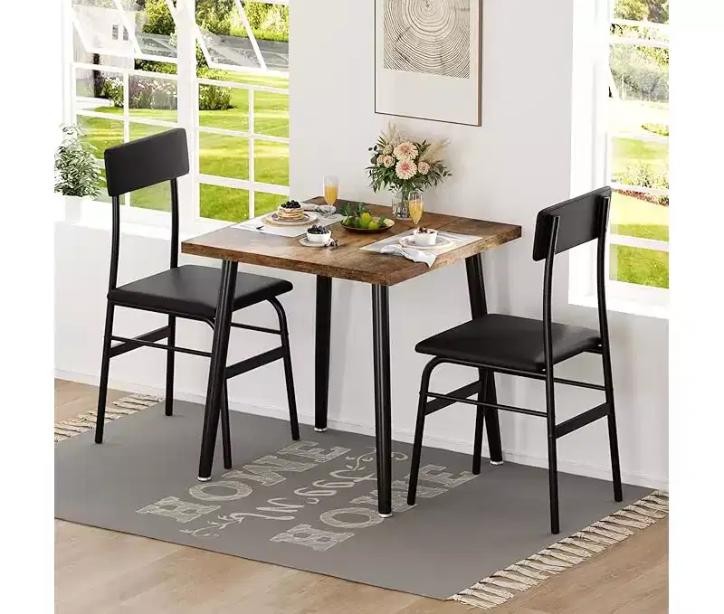 Compact 3-Piece Dining Set for 2  Space-Saving Wood & Metal Table with 2 Upholstered Chairs  Ideal for Apartments & Breakfast Nooks
