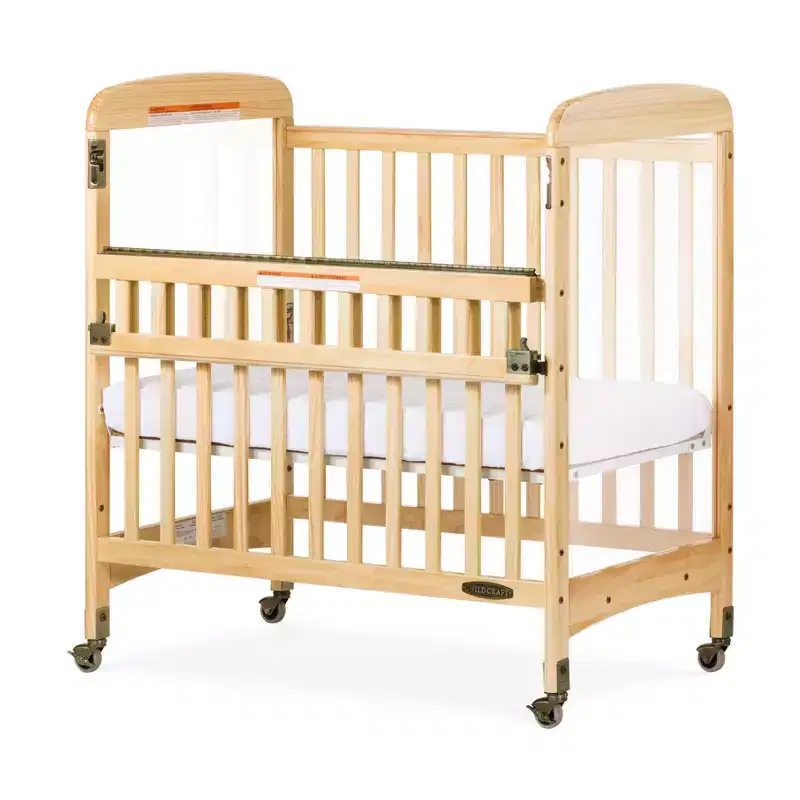 Wooden Compact Portable Crib with 2 Locking Wheels, Fits Through Doorways, Natural