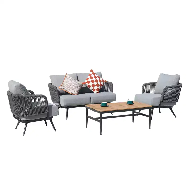 GDFStudio Lowell 4-Piece Outdoor Rope Woven and Iron Conversation Set with Olefin Cushions