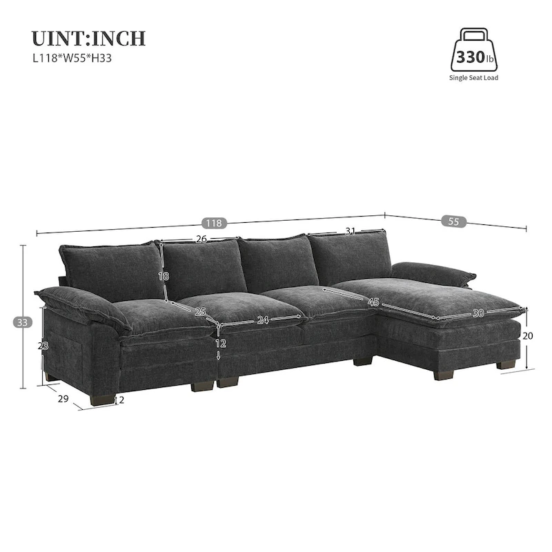 Harper&Bright Designs Modern L-shaped Chenille Cloud Sofa with Double Seat