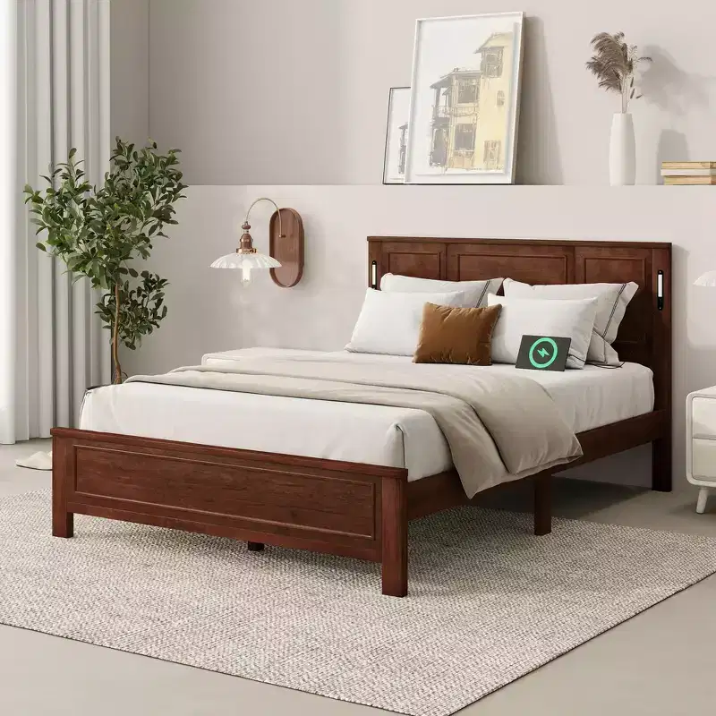 Queen Bed & Bed Frame with Tall-Panel Headboard & Footboard, Built-in LED Lights, USB Charging Station