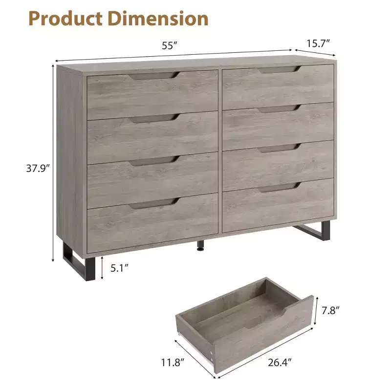 55 Wide 8 Drawer Dresser  Freestanding Horizontal Storage Chest in Black for Bedroom, Living Room, Hallway & Entryway