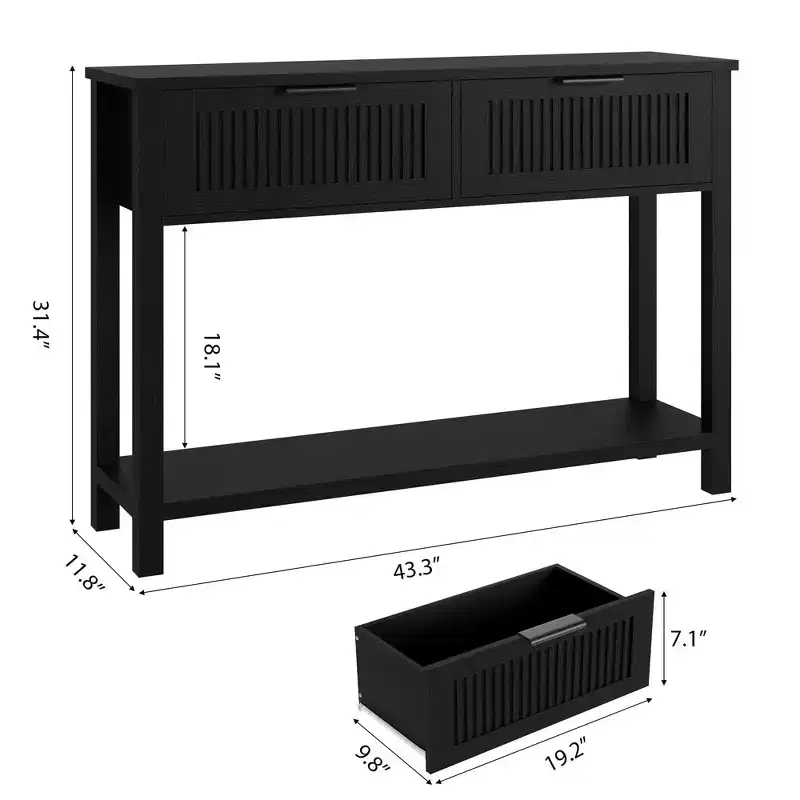 Narrow 43 Fluted Entryway Table w/ 2 Drawers, Farmhouse Wood Console Sofa Table w/ 2 Tier Bottom Storage Shelf for Foyer, Hallway & Living Room