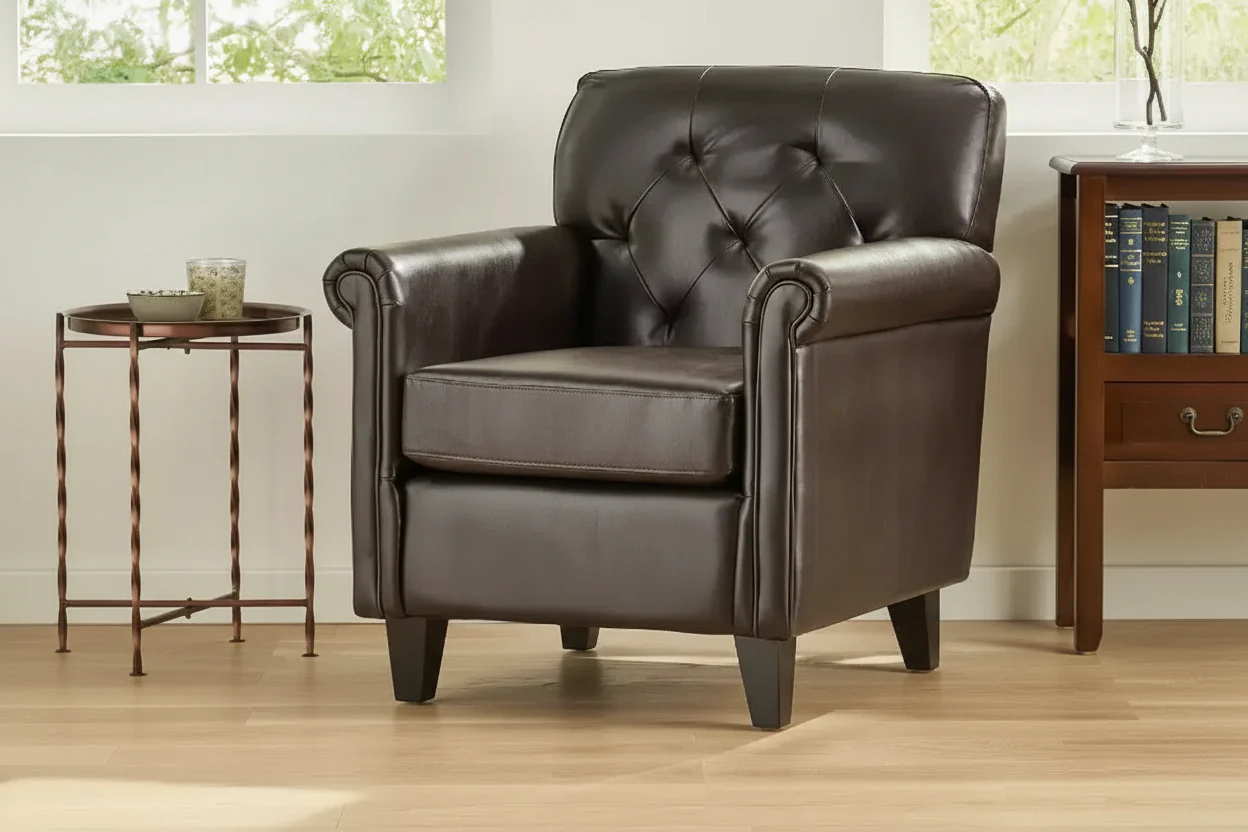 Contemporary Bonded Leather Tufted Club Chair with Rolled Arm Design