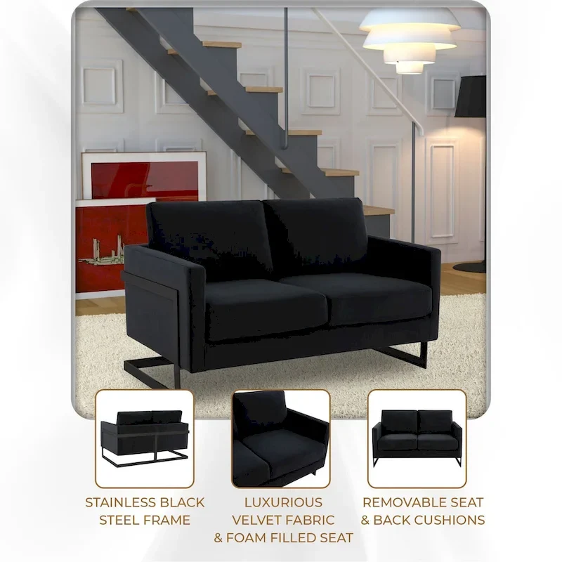 Upholstered Loveseat Sofa in Velvet Fabric with Removable Cushions and Stainless Steel Frame