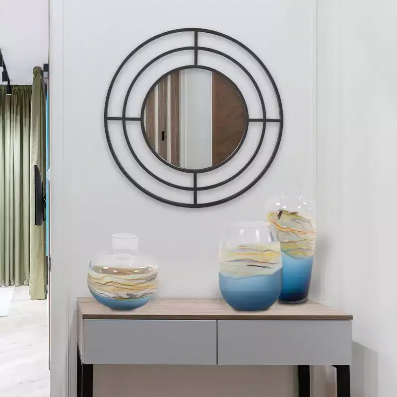 Howard Elliott 23 Round Wall Mirror with Geometric Iron Frame Matte Black: Modern Decor, No Assembly, Wall Mount
