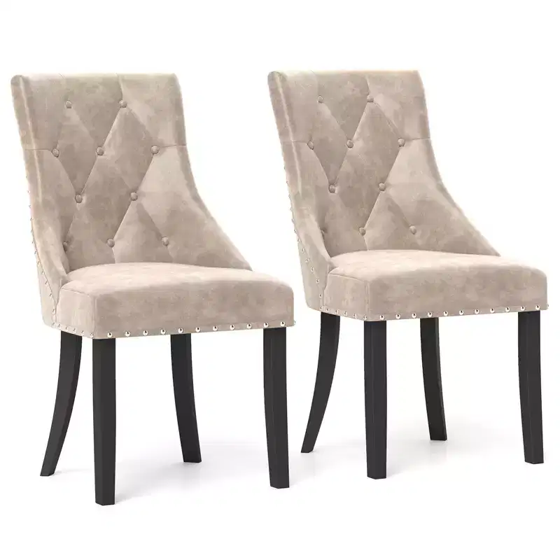 Costway Upholstered Dining Chairs Set of 2 Tufted Wingback Chairs w/ Solid Wood Legs
