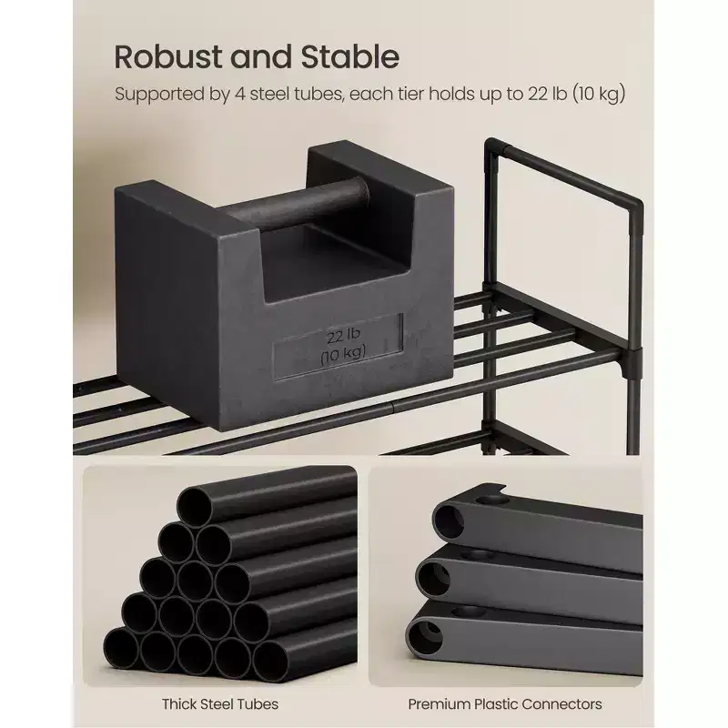 4-Tier Metal Shoe Rack for 25-30 Pairs, Stackable & Reversible, Black Entryway Organizer