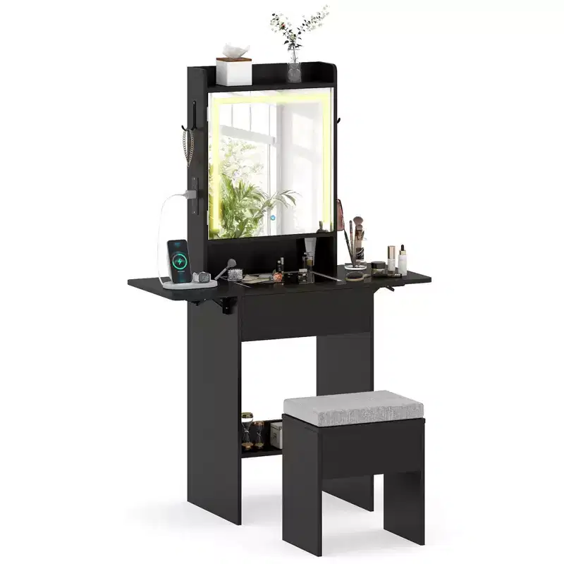 Vanity Desk with LED Mirror, Stool, 2 Drop Leaf Tables & Charging Station – Black/White
