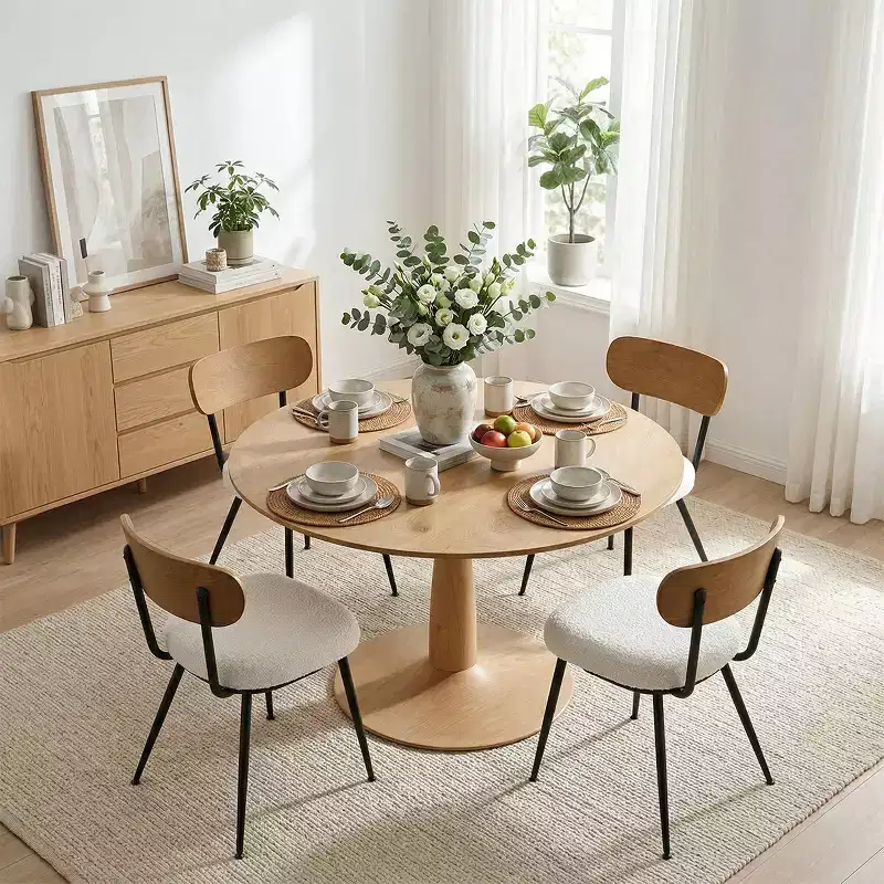 Modern 5-Piece Round Dining Table Set, 39.5 Pedestal Kitchen Dining Set with 4 Boucle Upholstered Chairs for Kitchen & Dining Room-Panipeachy