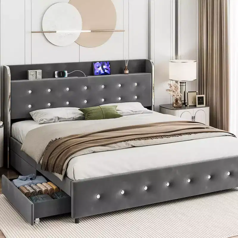 Queen Bed Frame with 4 Storage Drawers, Charging Station, and Headboard Shelves – No Box Spring Required