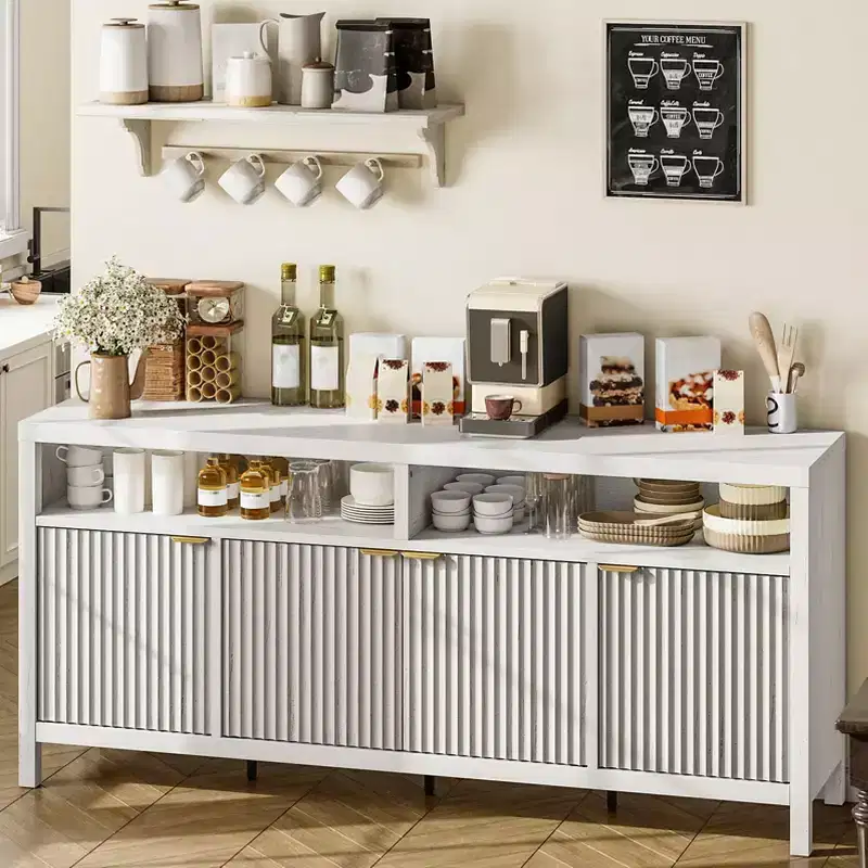 Four-door sideboard with grooved design Modern wood construction Ideal for dining rooms, living rooms, and entryways