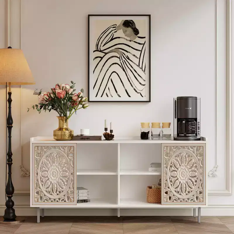Handmade Distressed Accent Cabinet, Fir Wood Frame with Carved Detailing, Multipurpose Console Table, Sideboard & Storage Cabinet for Living Room