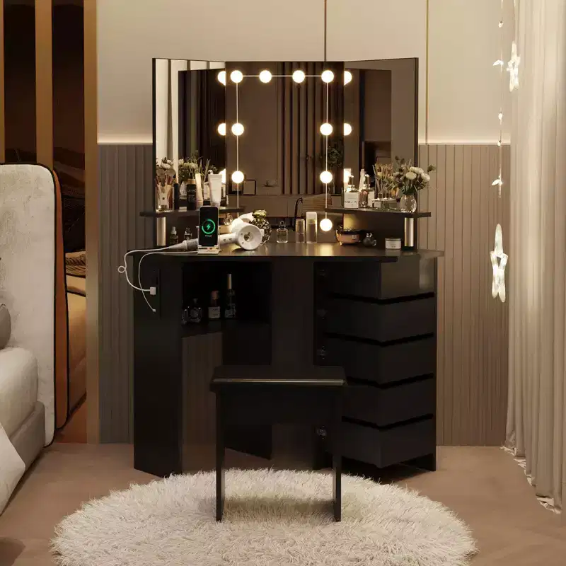 Corner Makeup Vanity Desk with Lights, Dressing Table with Power Outlet and Rotating Drawers for Bedroom