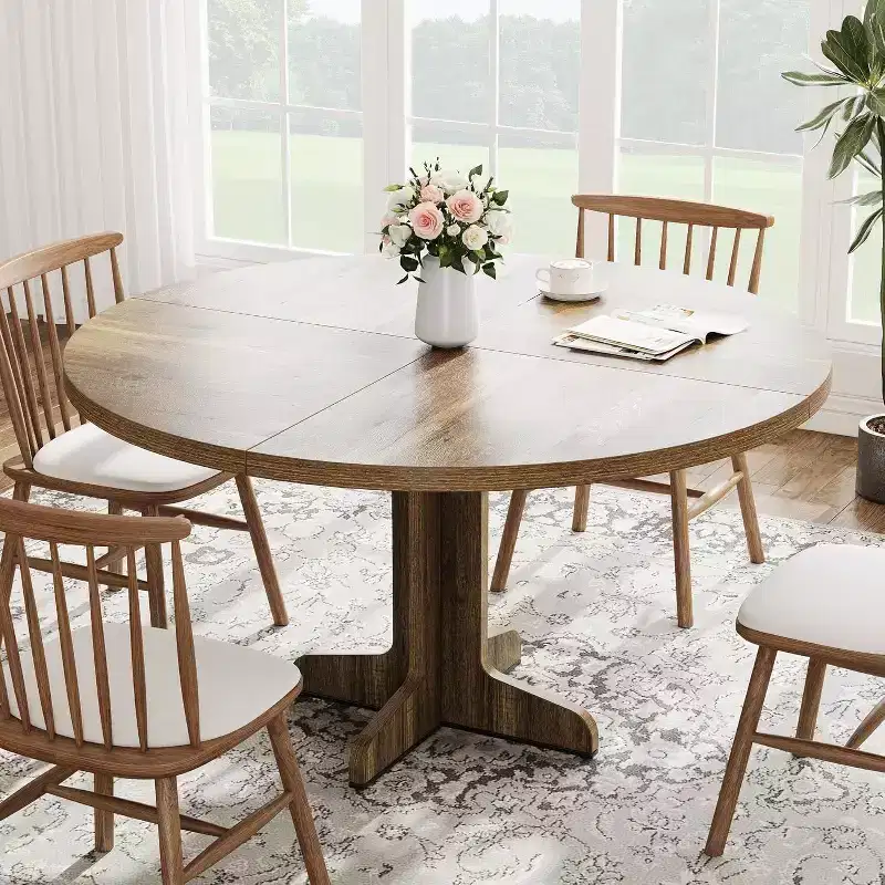 Acekool 47 Round Dining Table for 4-6 - Wooden Family Kitchen Table with Adjustable Feet