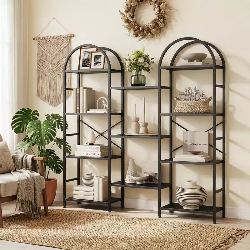 Triple 4 Tier Arched Bookshelf, Large Open Display Bookcase with 11 Shelves, Metal Frame & Wood Shelves, Wide Tall Standing Storage Rack for Bedroom