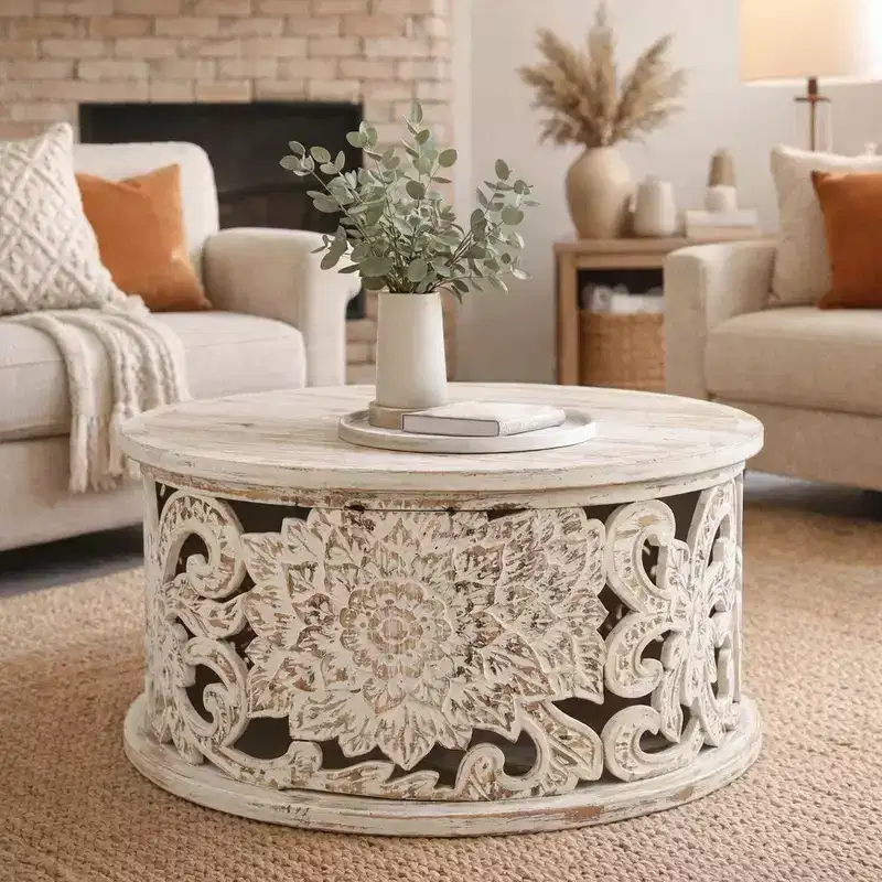 33 Inch Handcrafted Mango Wood Coffee Table, Floral Carved Distressed White Finish
