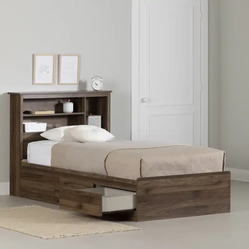 Bed And Bookcase Headboard Set Natural Walnut - Twin Bed