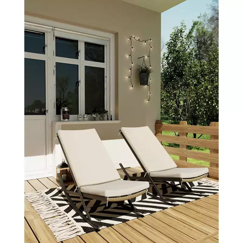 Garden Rocking Chairs Set of 2, Outdoor Wicker Seaside Reclining Chair, Rattan Sun Lounger, Wicker Patio Poolside Lounger with Cushion