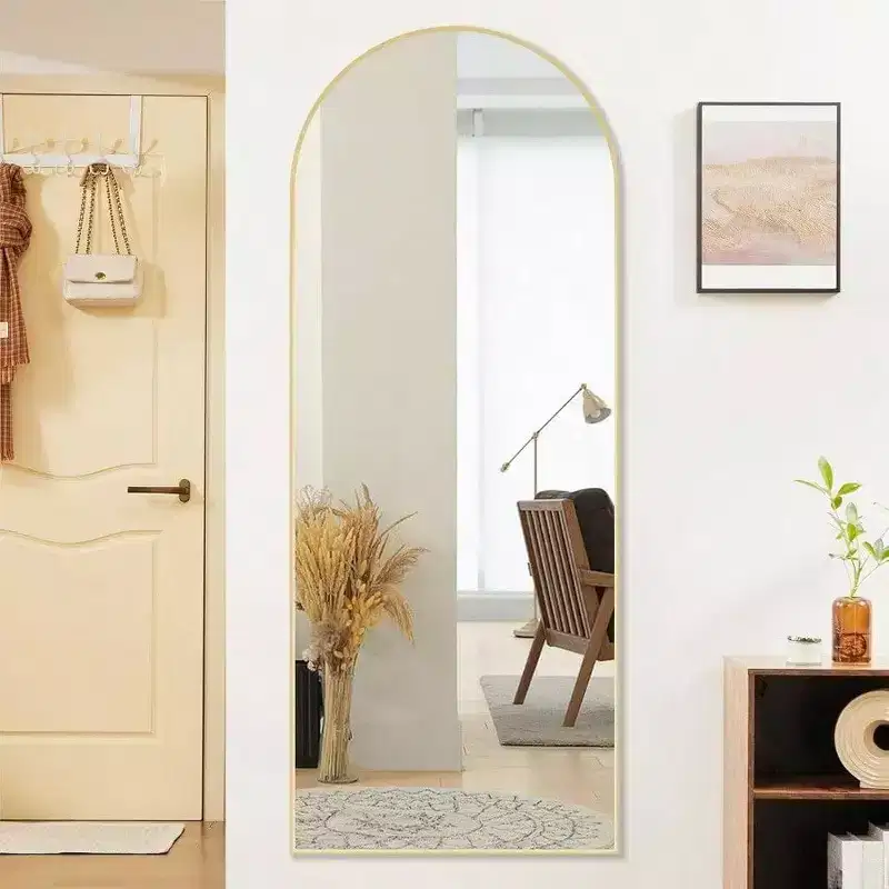 64x21 Gold Arched Mirror with Aluminum Frame. A Full Length Standing or Leaning Mirror for Bedroom or Cloakroom