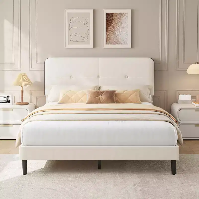 Velvet Upholstered Platform Bed Frames with Adjustable Headboard & Sturdy Metal Support, Anti-Noise EVA Sponge, No Box Spring Needed