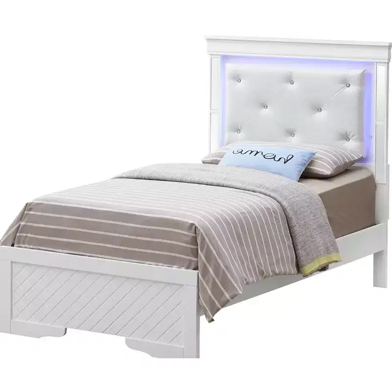 Twin Panel Bed with LED Headboard | Tufted Leather, Embossed Wood Finish