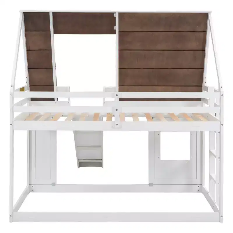 Bunk Bed Frame with Roof, Window, Guardrails & Built-in Ladder(Upgraded) - White & Brown