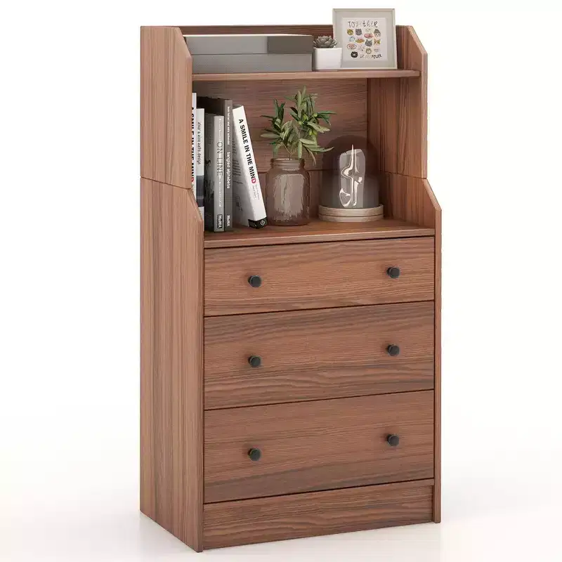 Costway 3-Drawer Dresser 44 Tall Wood Storage Organizer Chest w/ 2 Open Shelves Walnut