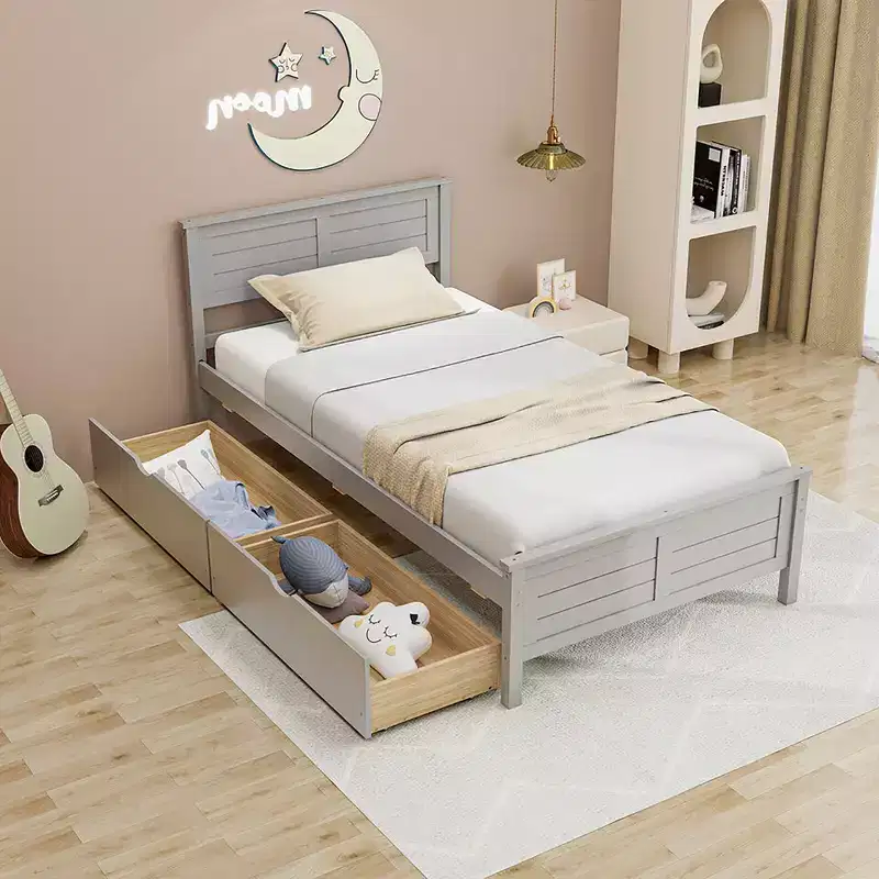 Costway Twin/Full Size Wooden Bed Frame w/ 2 Storage Drawers & Under-bed Storage Gray
