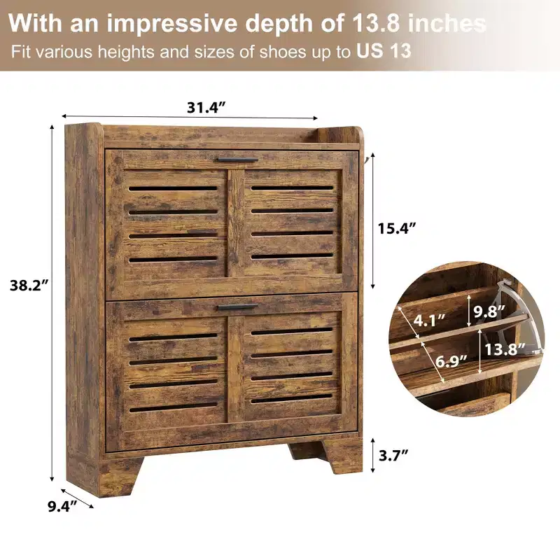 Slim Shoe Storage Cabinet with 2 Flip Drawers & Hooks, Freestanding Organizer for Foyer, Hallway, Garage