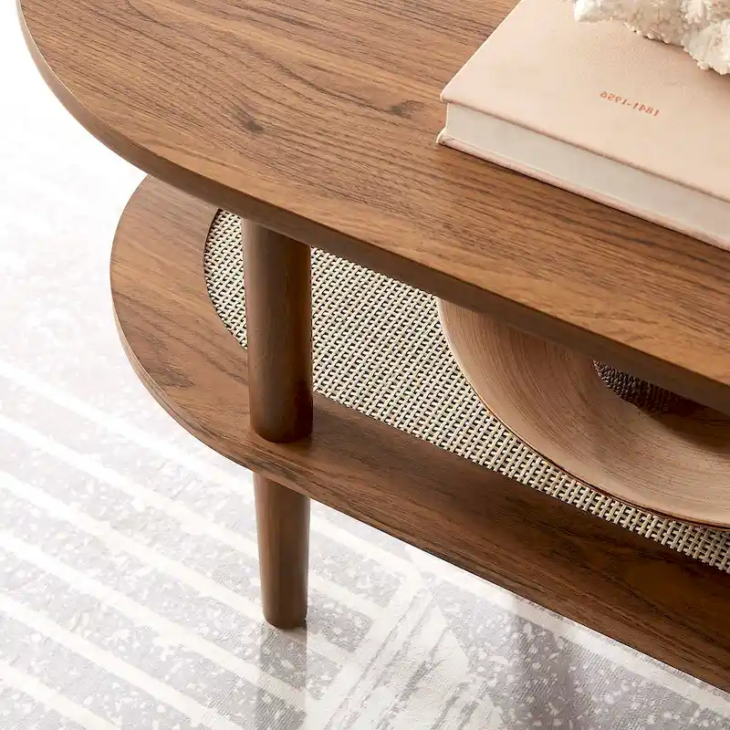 Modern Walnut Oval Coffee Table with Lower Storage Shelf and Wood Legs