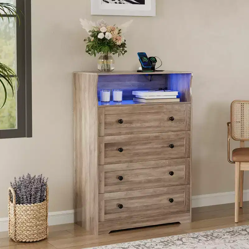 4-Drawer Dresser with Charging Station & LED Light, Skinny Vertical Chest with Open Shelf, Bedroom Dresser for Closet, Nursery, Apartments