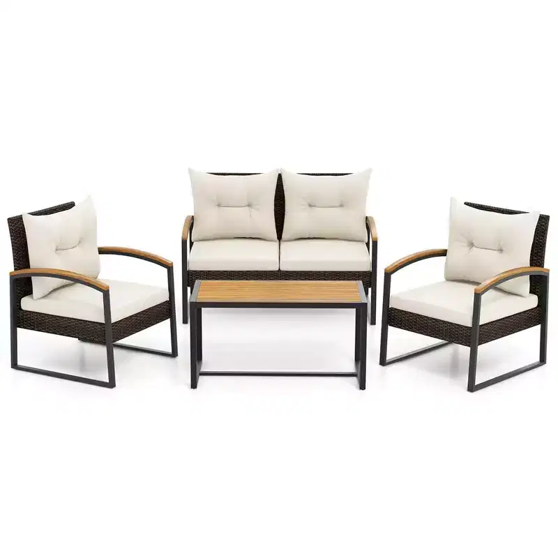 Costway 4 PCS Patio Conversation Set with Coffee Table Solid Acacia Wood Armrests Tabletop