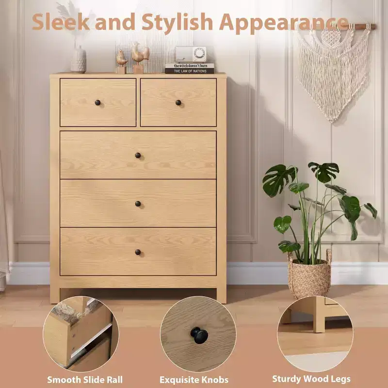 Fluted 5 Drawers Dresser, Modern Wood Grain Chests of Drawers, with Deep Drawers