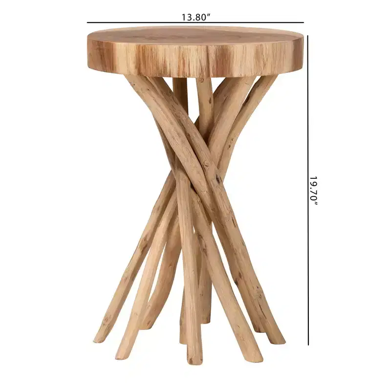 Bohemian Natural Teak Wood End Table with Carved Branch Base, Round Top
