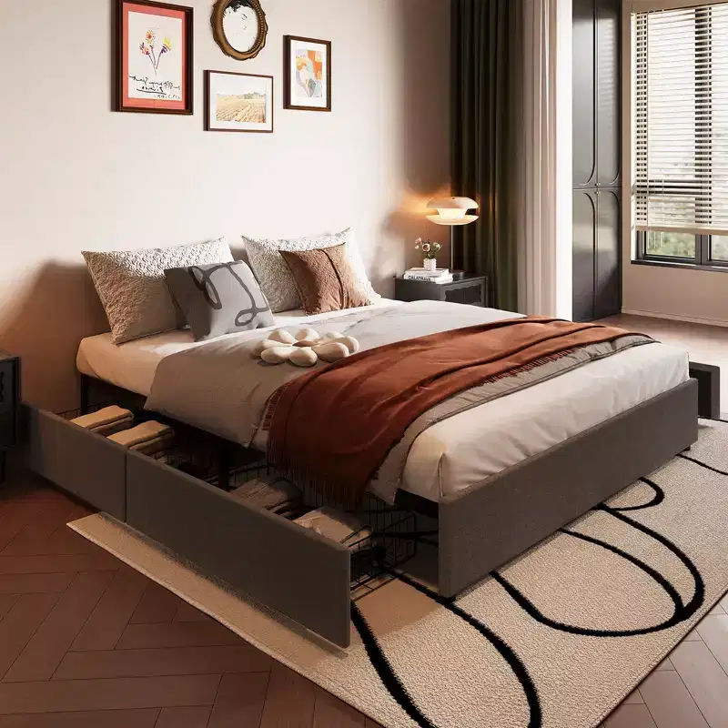King Size Platform Bed Frame with 4 Storage Drawers & Linen Upholstered Headboard, Wood Slat Support, No Box Spring Needed, Easy Assembly, Dark Gray