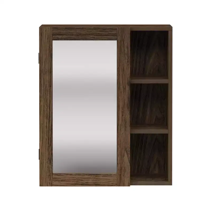 Mirrored Medicine Cabinet with Open Shelves, Walnut, Mid-Century Modern, MDF