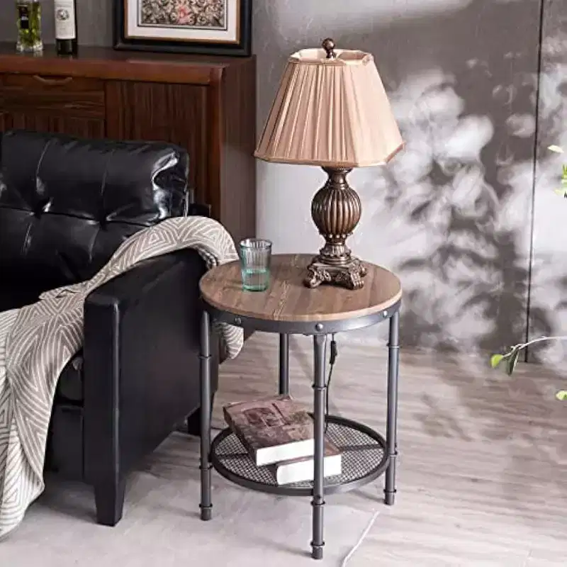 VINGLI Industrial Round End Table - 20 Metal & Wooden Side Table for Couch & Living Room