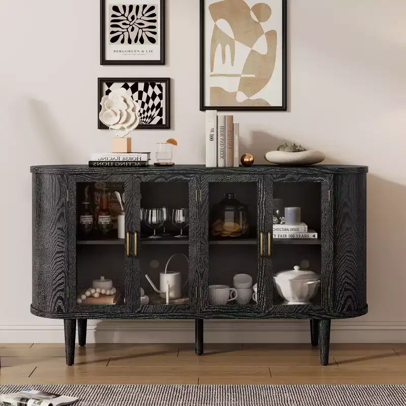Farmhouse Sideboard Cabinet with Storage, Wood Buffet Cabinet with Glass Doors and Adjustable Shelves