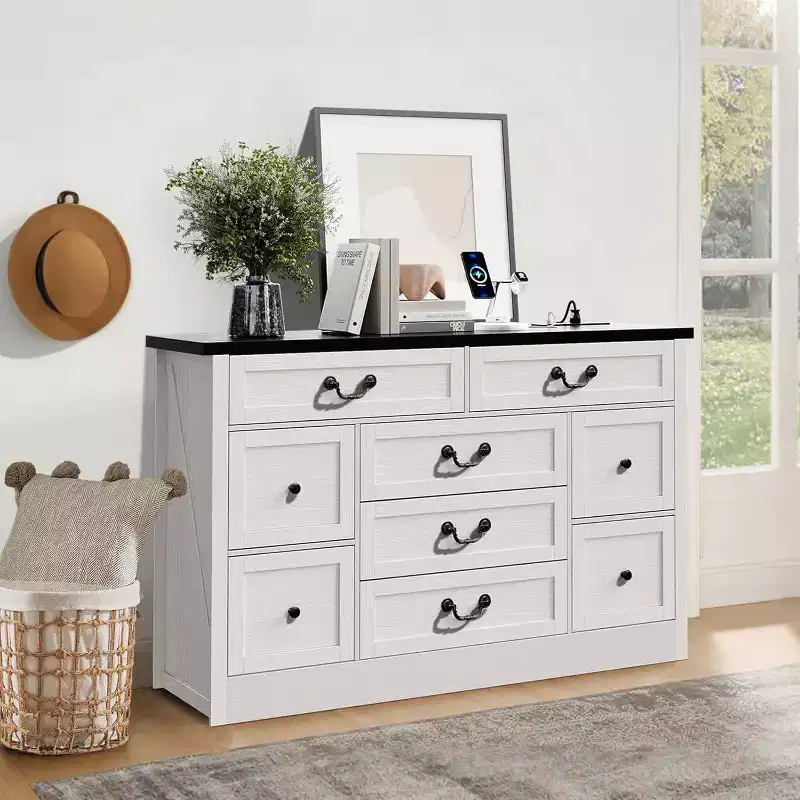 Farmhouse 9 Drawer Dresser with Charging Station, 55 Wide Wood Dresser, Vintage Dressers TV Stand