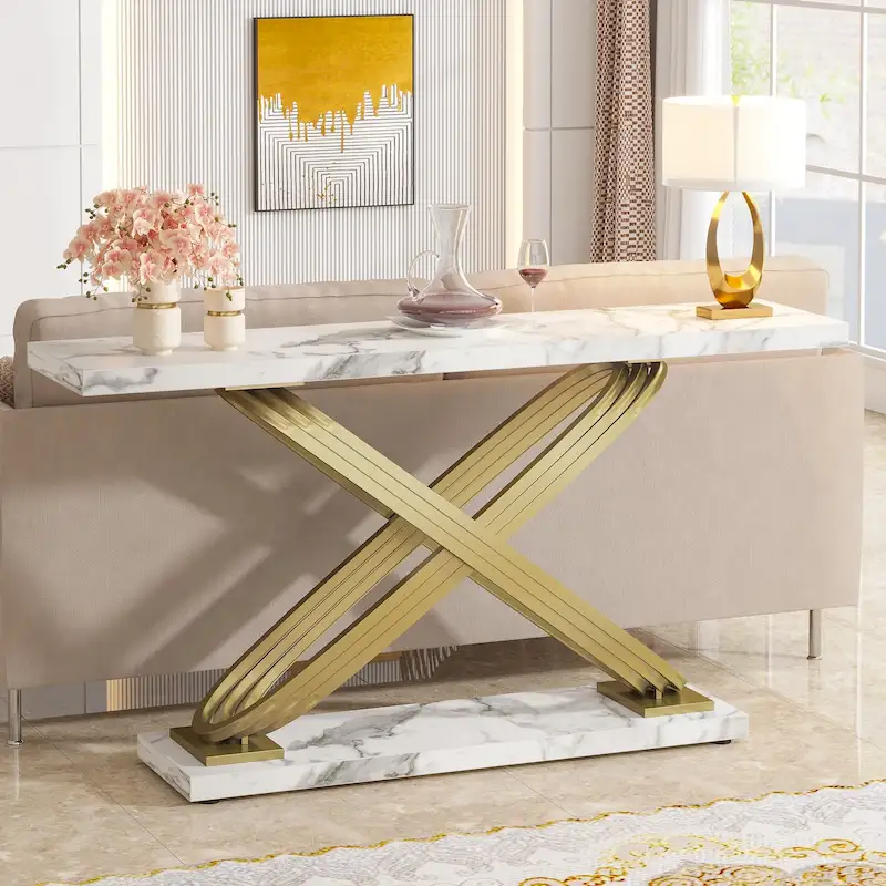 55 Long Sofa Table, Faux Modern Marble Console Table Behind Sofa Couch