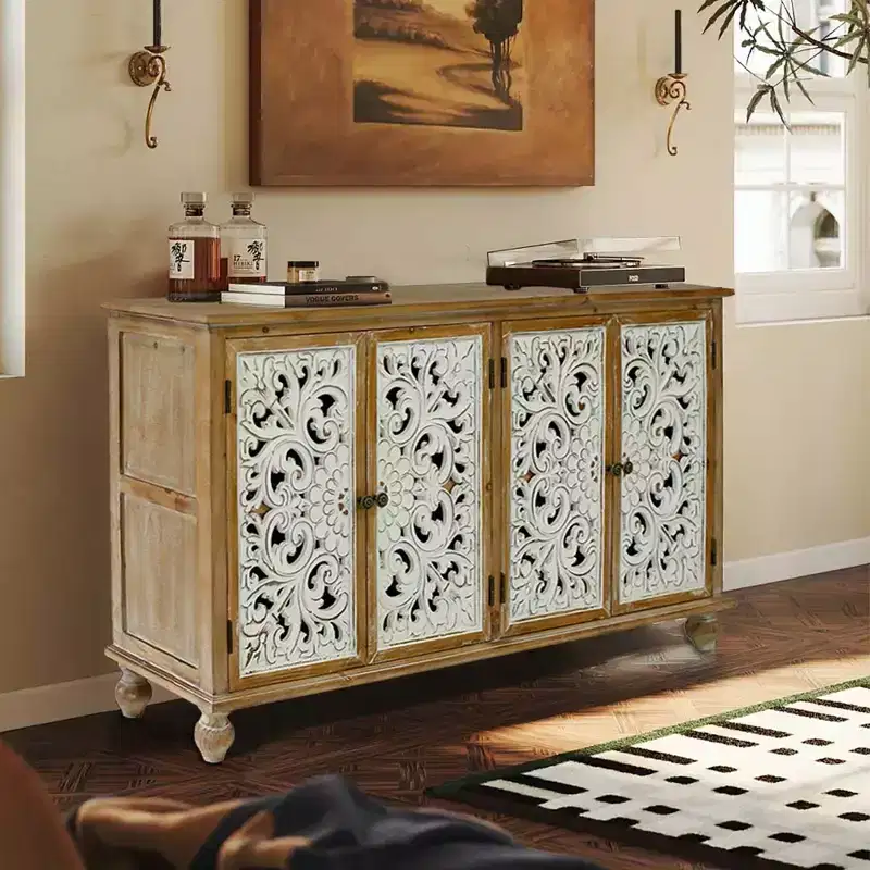 60 Vintage Sideboard Buffet Cabinet with Storage, 4 Doors Hollow Carved Accent Cabinet French Farmhouse Cupboard for Kitchen Living Room Dining Room