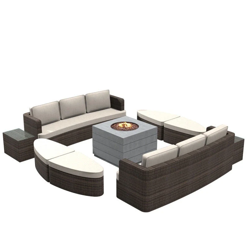 9-piece Patio Wicker Daybed Set with Concrete Fire Pit Table