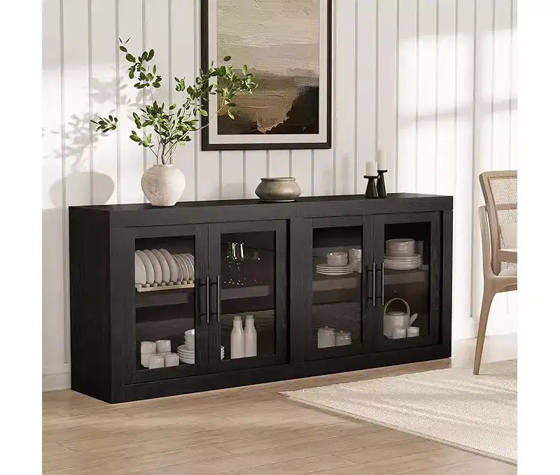 71 Inch Sideboard Buffet Cabinet with 4 Doors, Mid Century Modern Accent Cabinet with Storage for Living Room Kitchen, Natural