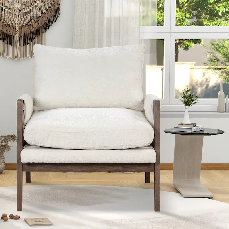White 35.4 Velvet Arm Chair with Rubber Wood Frame