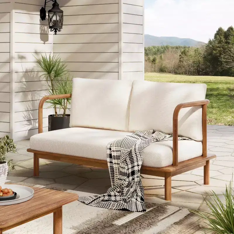 Christopher Knight Home Kazuya Modern 2 Piece Acacia Wood Patio Seating Set with Cushion